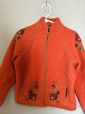 Icelandic Design Orange Wool Embroidered Zip Jacket Size S